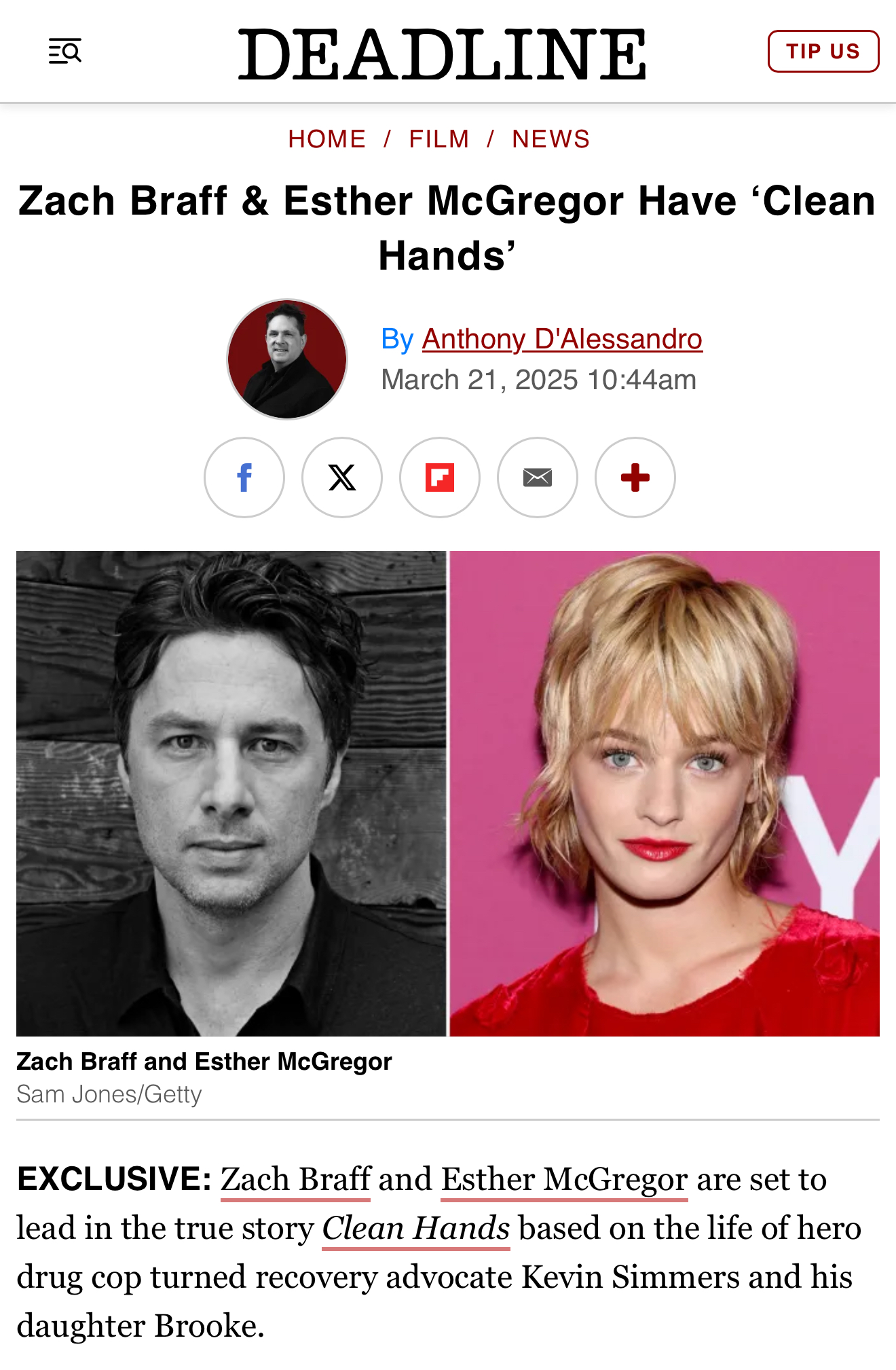 Zach Braff, Esther McGregor Set to Lead Movie 'Clean Hands'